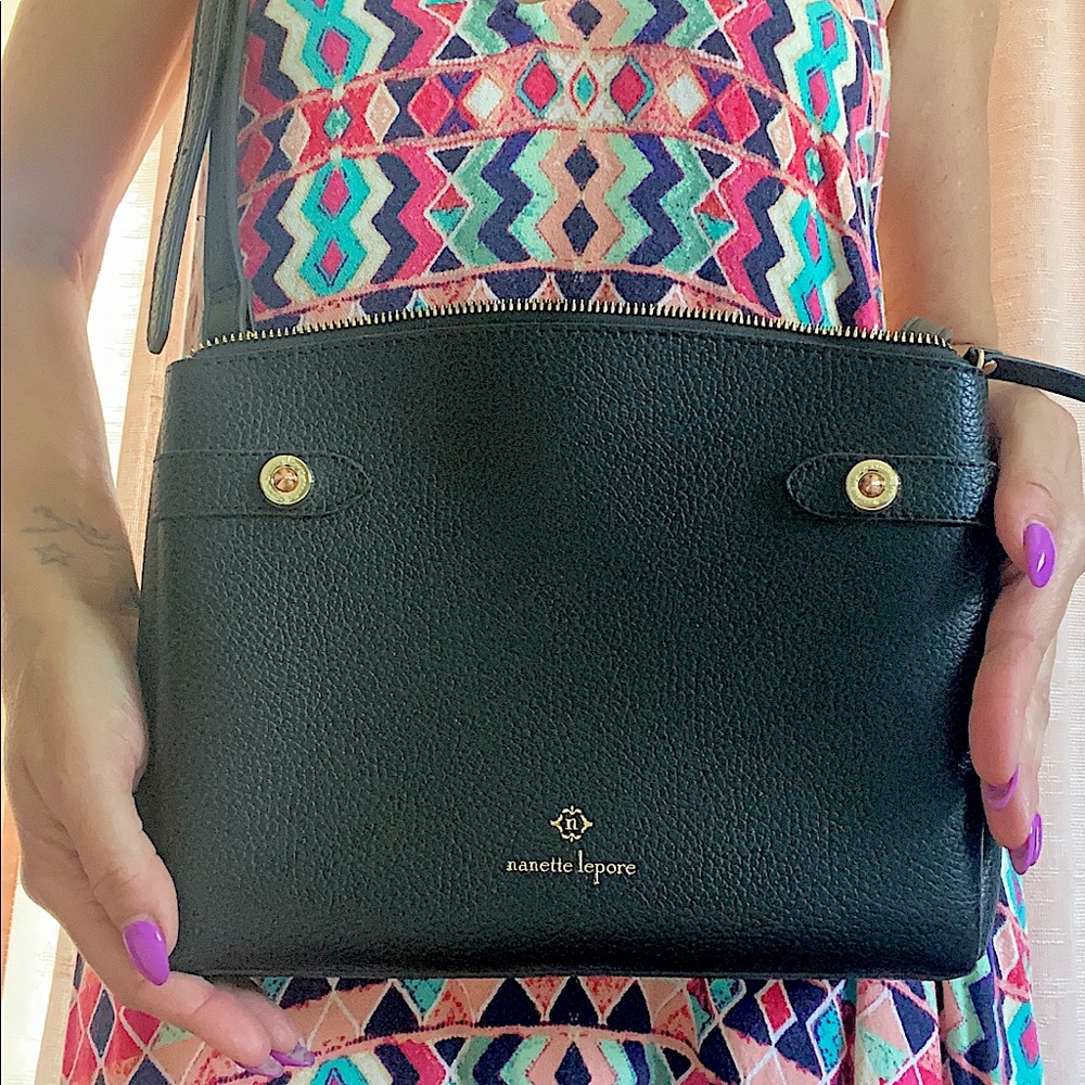 Nanette Lepore Handbag Black Faux Leather Crossbody Adjustable Strap